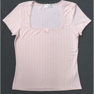 Electric Behaviour Top Women L Pink Excellent Pointelle Lace Trim Square Neck